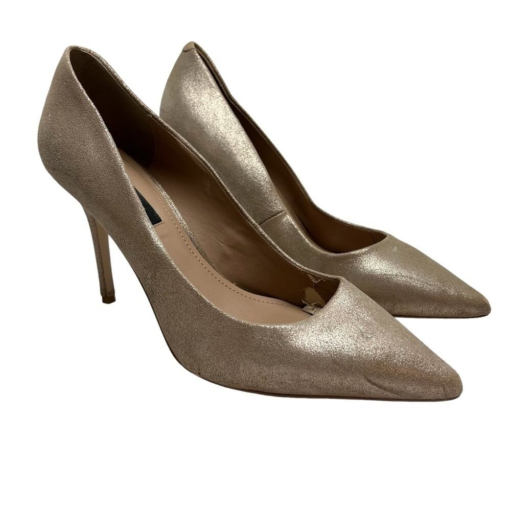 WHITE HOUSE BLACK MARKET WHBM Gold Champagne Genuine Leather High Heel Shoes 9.5